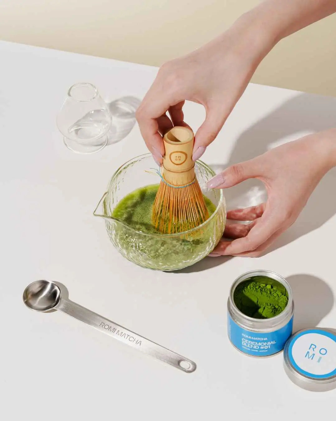 Romi Matcha Ceremonial Blend with bowl whisk and spoon
