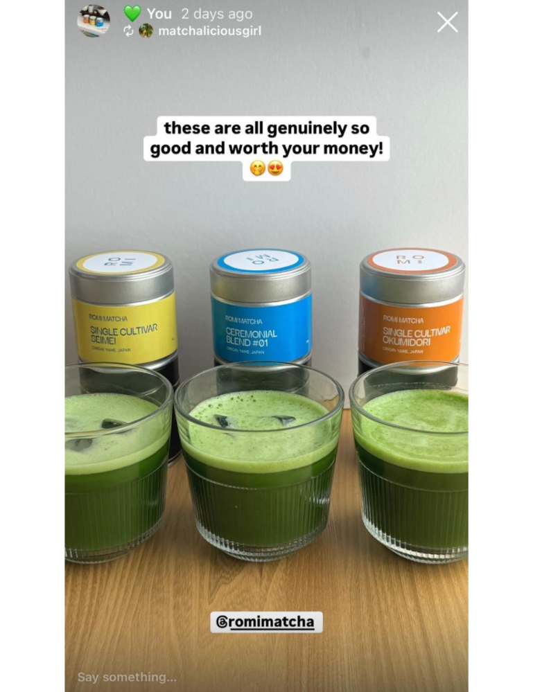 Romi Matcha tins with matcha in glasses