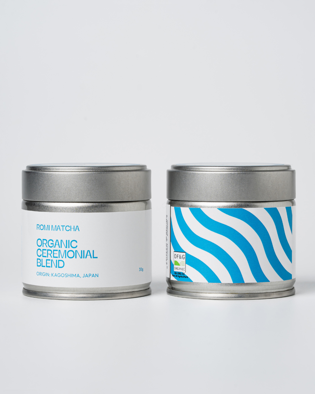 Two Romi Matcha tins including Organic Ceremonial Blend on white background