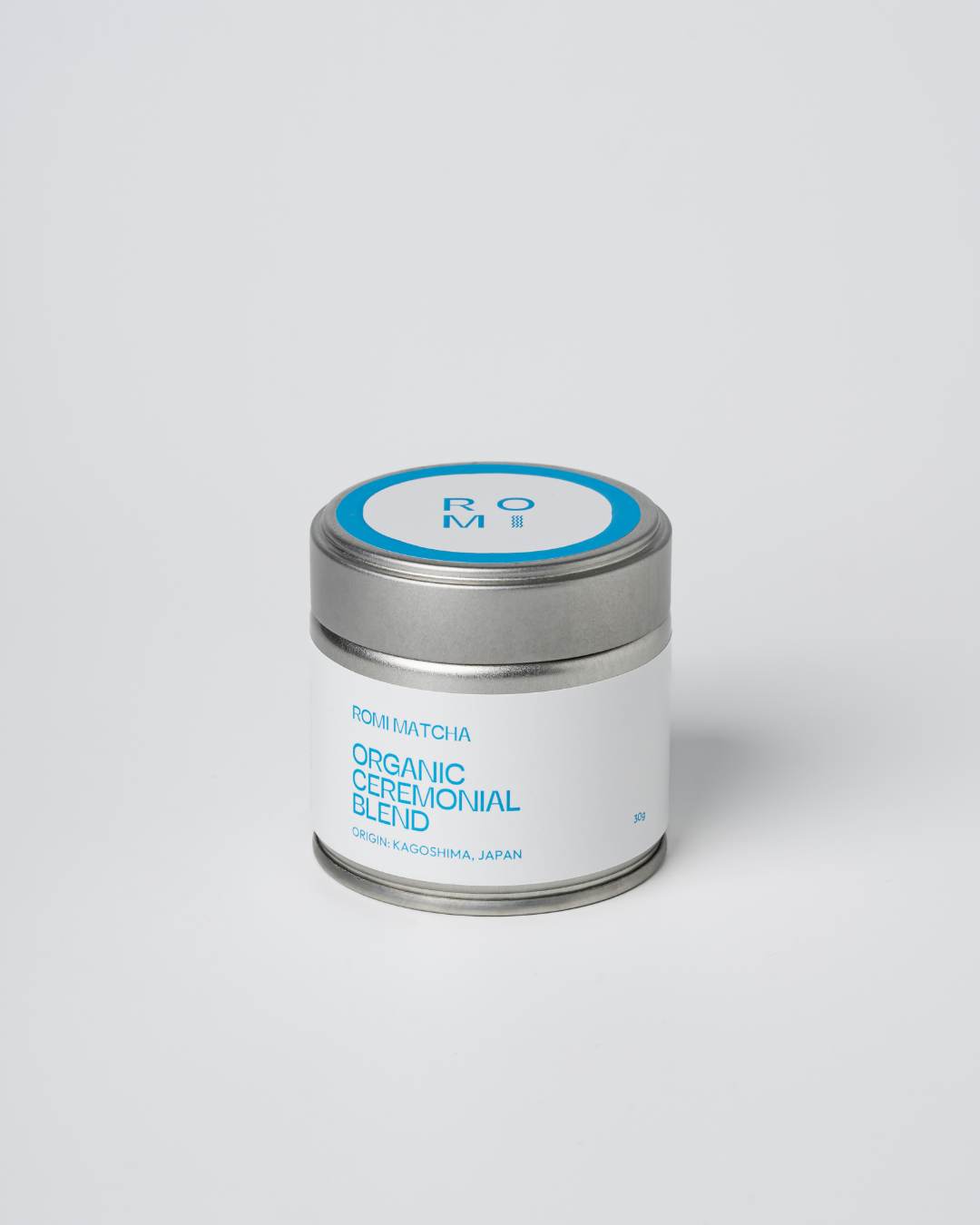 Romi Matcha Organic Ceremonial Blend silver tin on light grey background