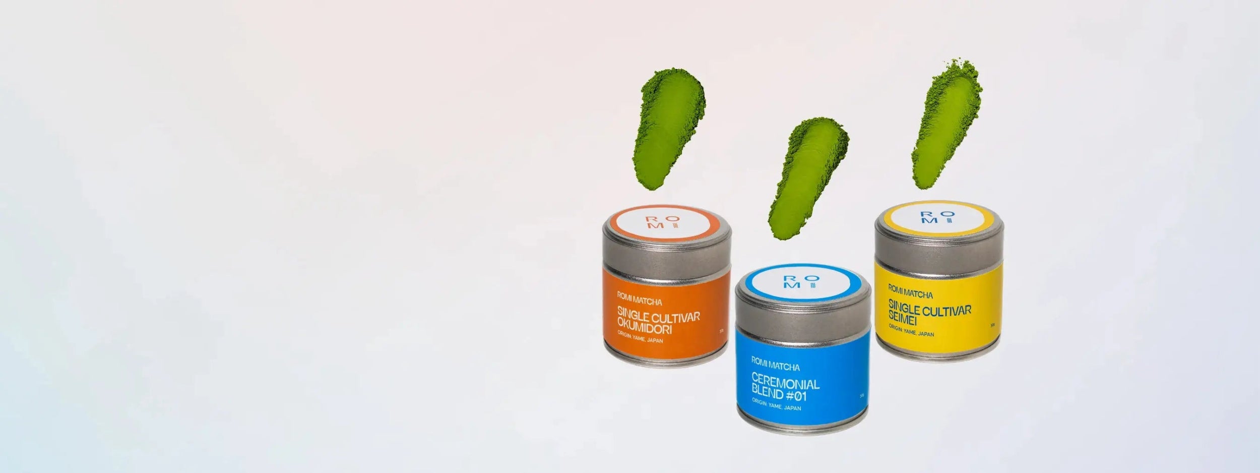 Romi Matcha Tins with matcha powder swatch | Romi Matcha