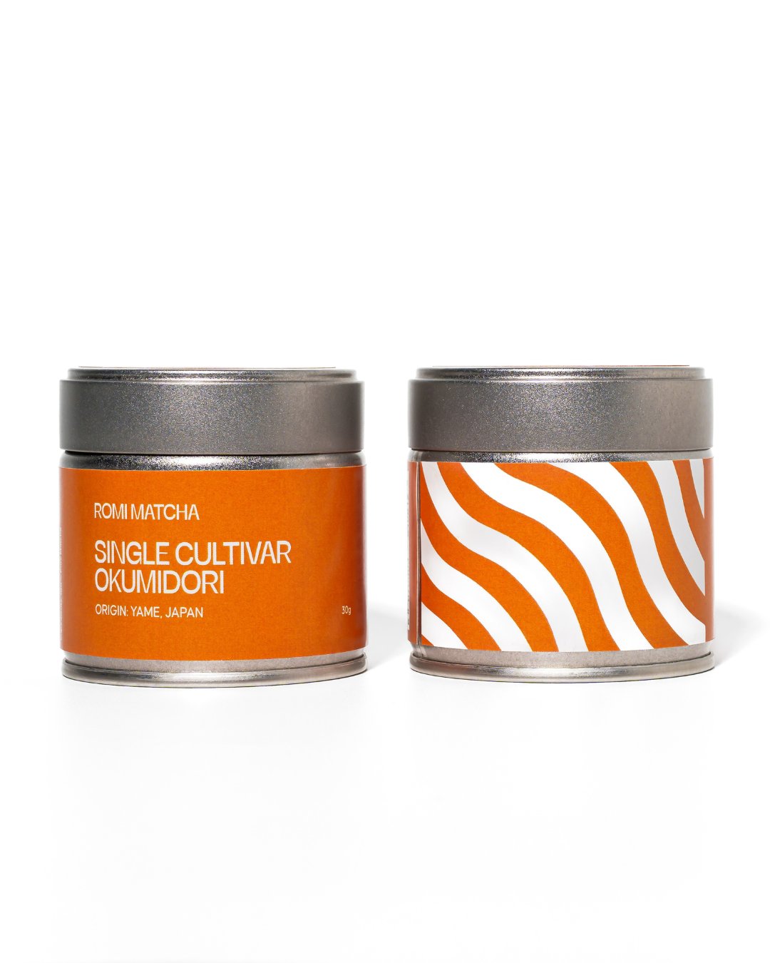 Romi Matcha Single Cultivar Okumidori - 30g tin back and front on white background