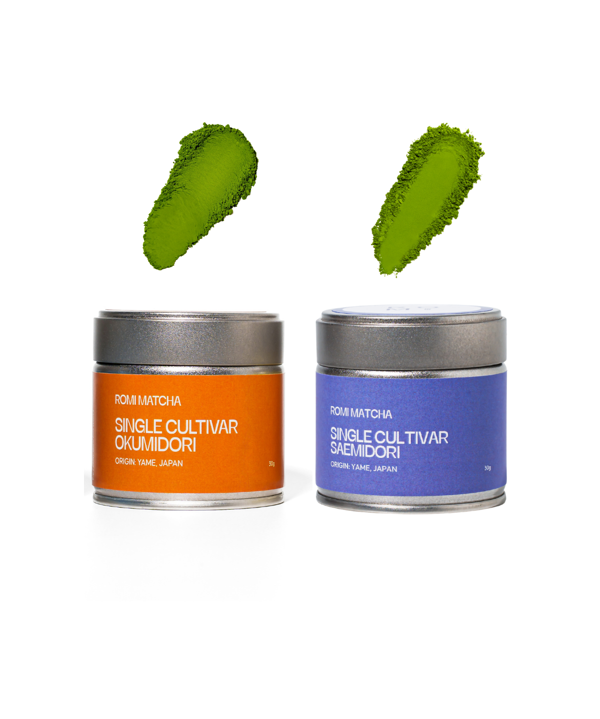matcha tins on white background with matcha powder swatches