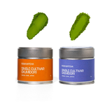 matcha tins on white background with matcha powder swatches
