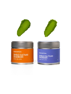 matcha tins on white background with matcha powder swatches