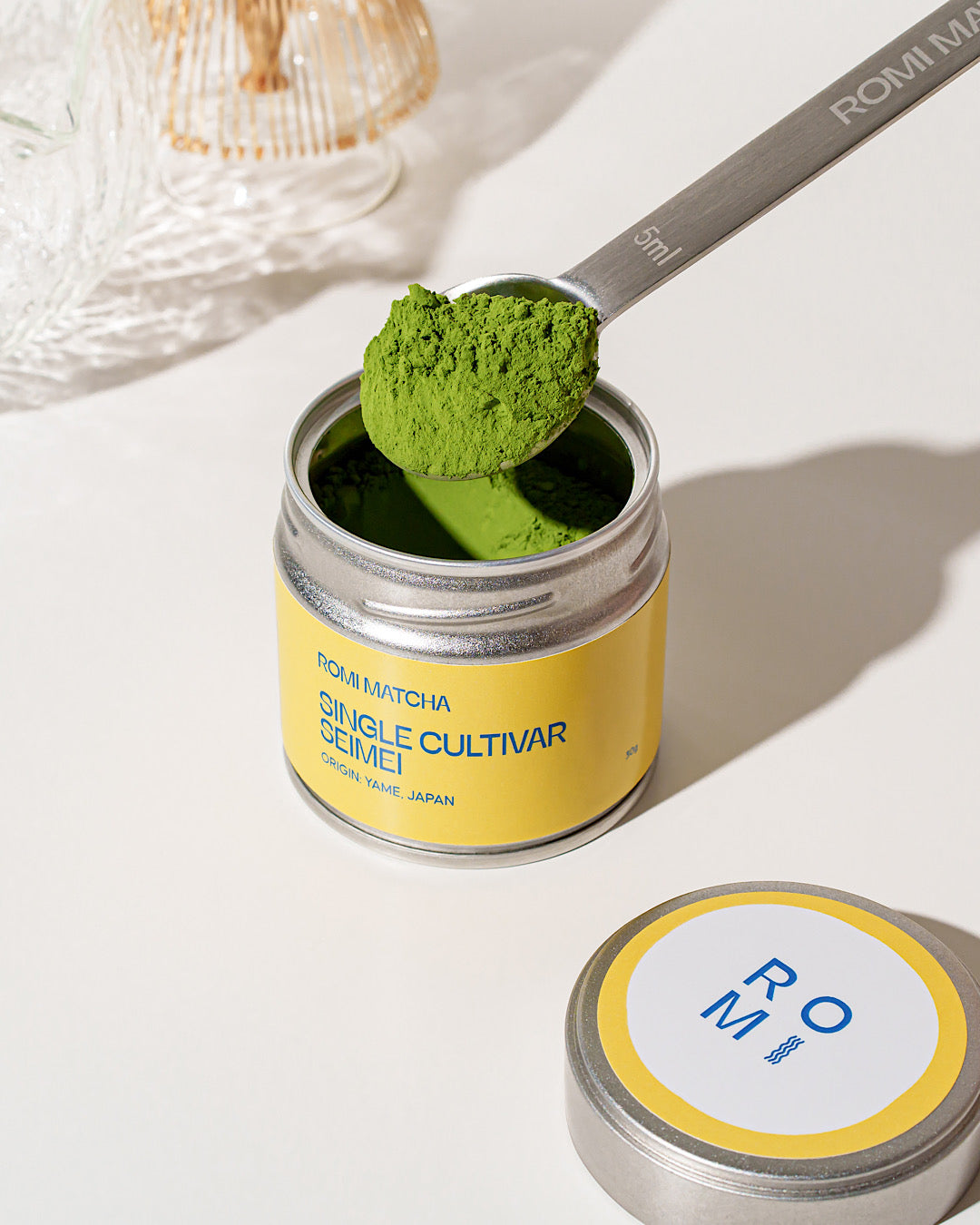 Romi Matcha Single Cultivar Seimei Tin with matcha inside 